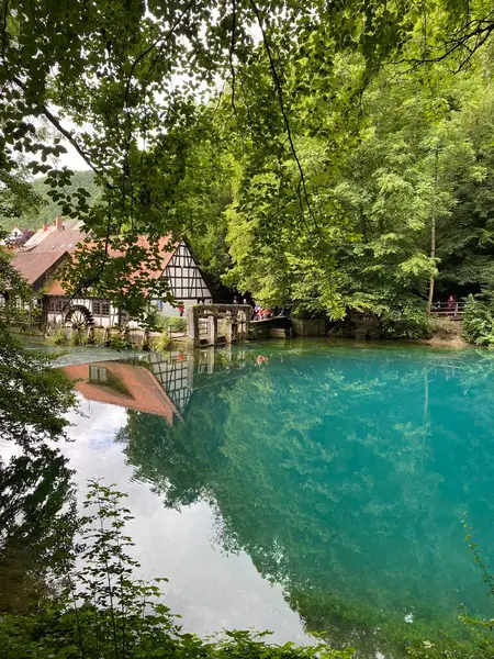 Una Vista Fascinante Una Hermosa Casa Lago Blautopf Con Árboles —  Fotos de Stock