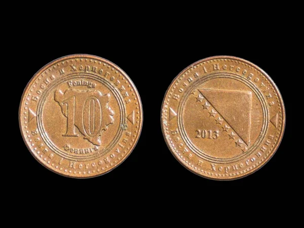 Las Monedas Feninga Bosnia Herzegovina Sobre Fondo Negro Primer Plano —  Fotos de Stock