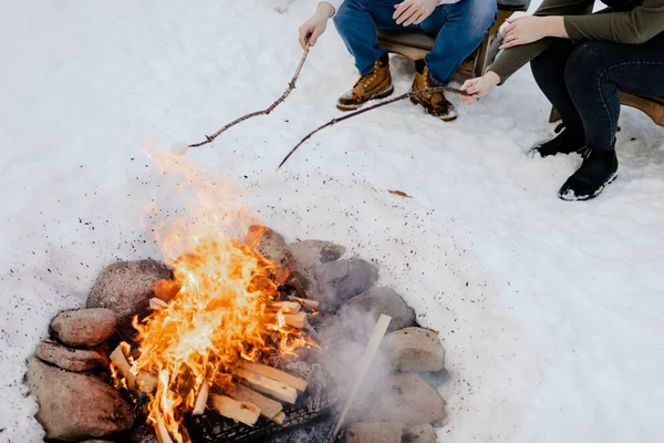 Kışın Ateşte Kavrulan Bir Çift Lokum — Stok fotoğraf
