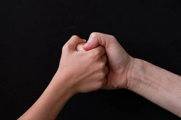 Closeup Greeting Hands Friends Black Background — Stock Photo, Image