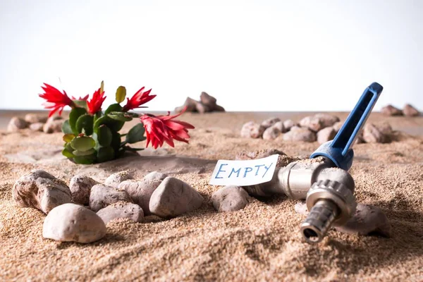 Close-up of a dry open faucet buried by desert sand with a succulent plant against a dry, white sky background