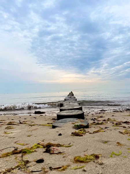 Ein Schöner Blick Auf Den Wellenbrecher Der Küste Aus Holzstämmen — Stockfoto