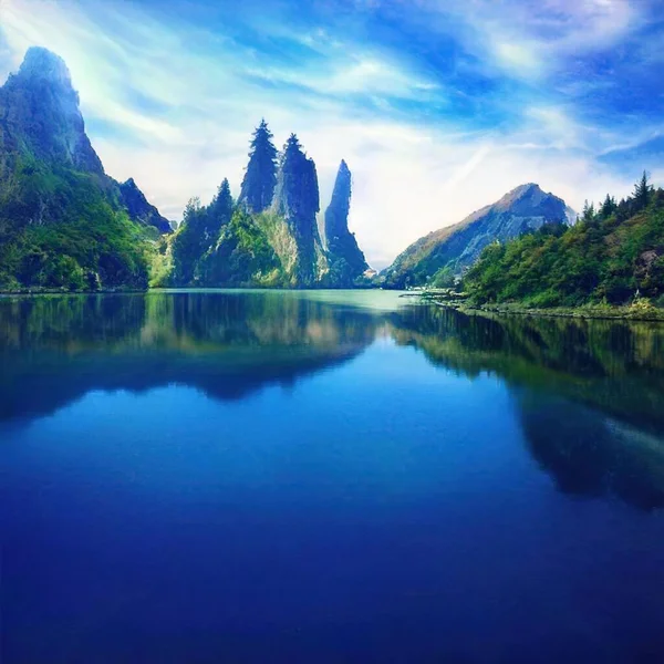 Uma Bela Vista Lago Reflexivo Uma Floresta Dia Ensolarado — Fotografia de Stock