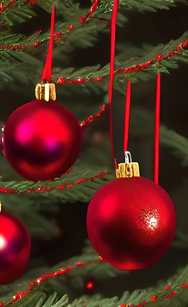 Függőleges Renderelés Piros Karácsonyi Baubles Karácsonyfa — Stock Fotó
