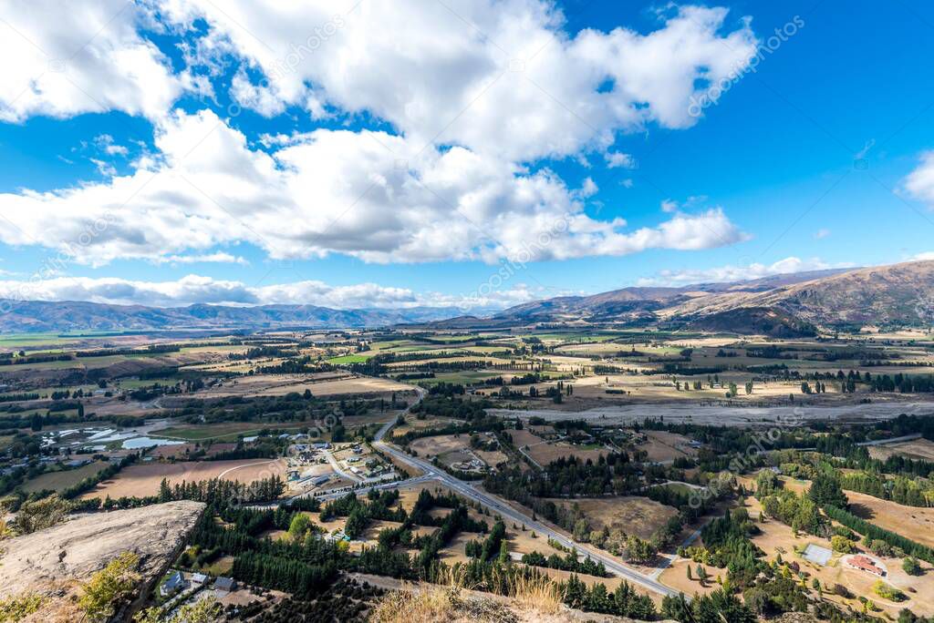 A beautiful shot of a town from the Mt Iron Track in Wanaka, Otago, South Island, New Zealand