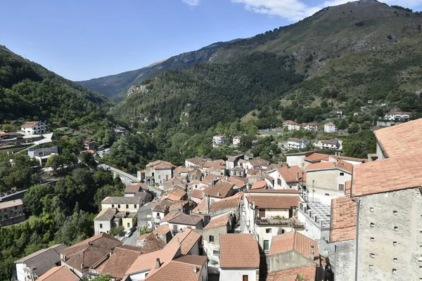 Vista Panorâmica Telhados Antigos Papasidero Antiga Aldeia Região Calábria Itália — Fotografia de Stock