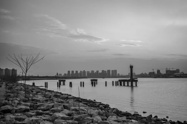 Ηλιοβασίλεμα Στον Ποταμό Huangpu Στην Πόλη Της Σαγκάης Κίνα — Φωτογραφία Αρχείου