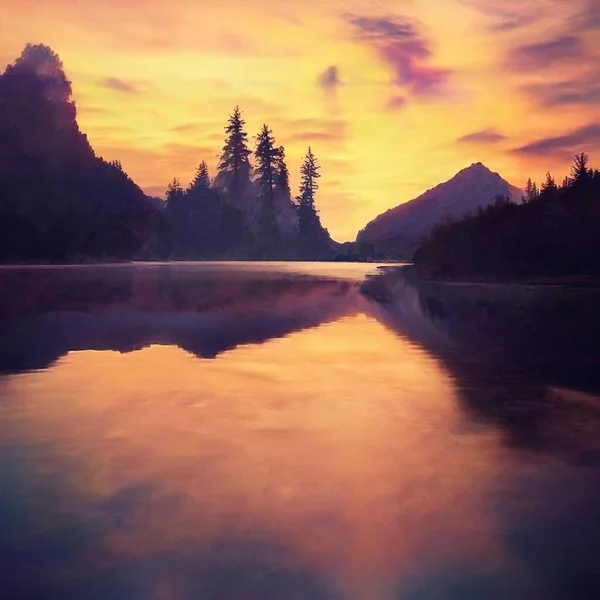 Beautiful View Reflective Lake Forest Sunset — Stock Photo, Image