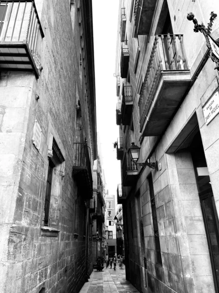 Uma Imagem Vertical Tons Cinza Uma Rua Estreita Entre Dois — Fotografia de Stock