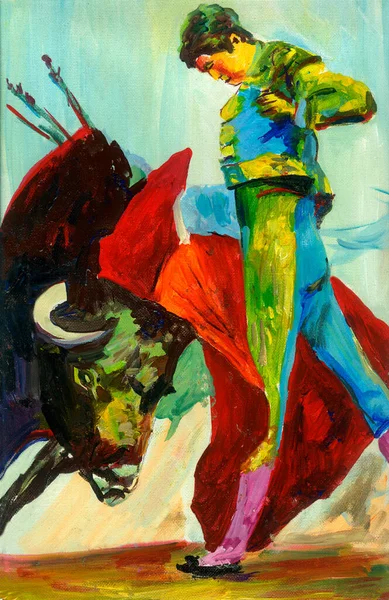 Bright Colored Painting Bull Bullfighter — Stock Photo, Image