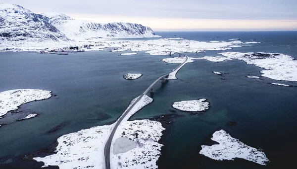 Aerial View Fjord Road Bridge Mountains Lofoten Islands Nordland Norway — Stock Photo, Image