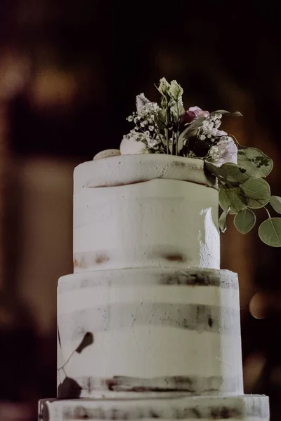 Closeup Two Tires Wedding Cake Decorated Flowers — Stock Photo, Image