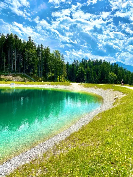 Colpo Verticale Piccolo Lago Con Alberi Sullo Sfondo — Foto Stock