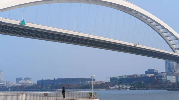 Most Lupu Nad Rzeką Huangpu Szanghaju Chiny Słoneczny Dzień — Zdjęcie stockowe