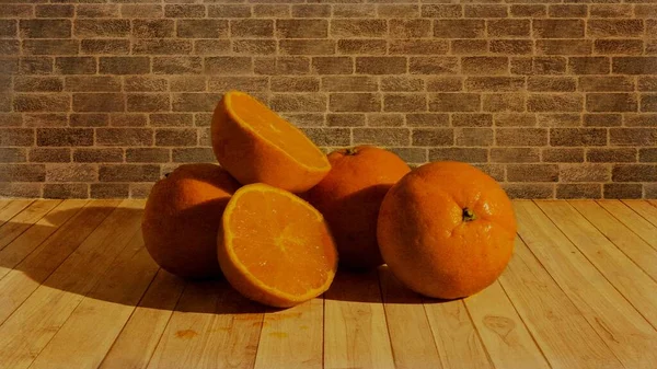 Closeup Juicy Oranges Wooden Surface Stone Wall Background — Stock Photo, Image