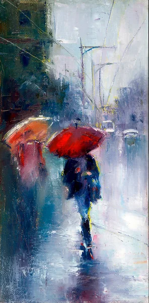 Oil Painting People Walking Umbrellas Rainy City — Stock Photo, Image