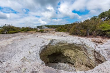 Kuzey Adası, Yeni Zelanda 'daki Waiotapu' da güzel bir kaya ve orman manzarası.
