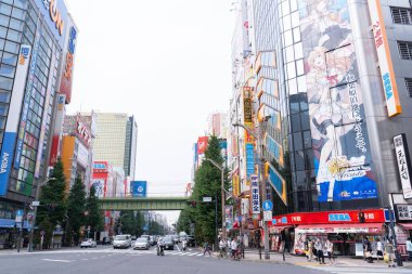 Akihabara, Japonya - 7 Ağustos 2020: Büyük sanat eserleri Akihabara 'daki binaları dekore eder.