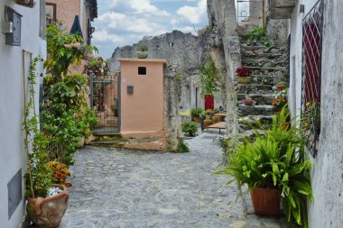 İtalya 'nın Calabria bölgesindeki Scalea köyündeki eski evler arasında dar bir sokağın güzel bir görüntüsü.