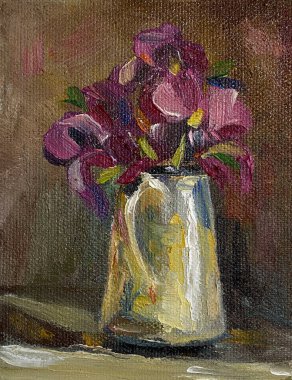 Yağlı vazo ve mor çiçekli bir boya.