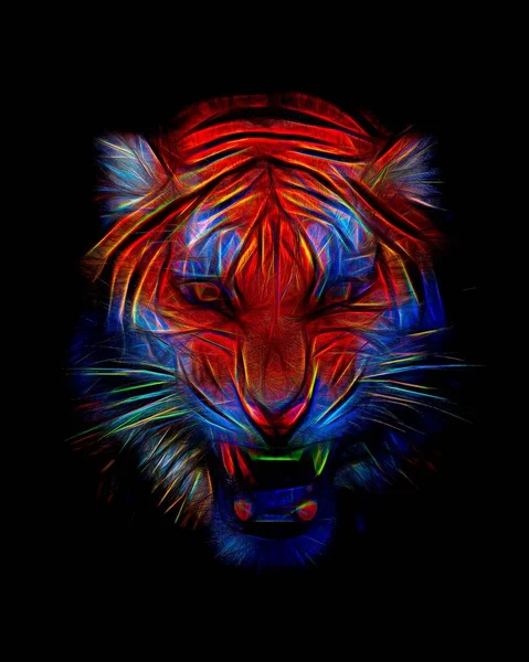 Vertical Tiger Portrait Colorful Neon Colors Isolated Dark Background — Stock Photo, Image