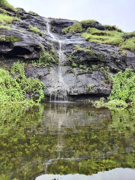 Eine Vertikale Aufnahme Eines Wasserfalls Auf Bemoosten Höhlen Ellora Höhlen — Stockfoto