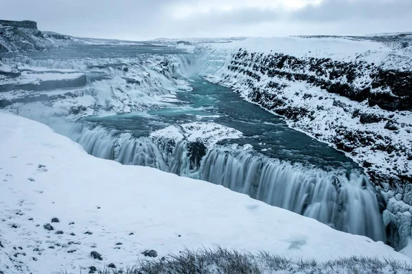 Vacker Scen Vita Gullfoss Falls Vattenfall Island Vintern — Stockfoto