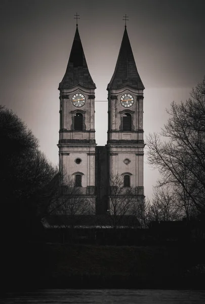 Plano Vertical Escala Grises Una Basílica Barroca Niederalteich Deggendorf Danubio —  Fotos de Stock