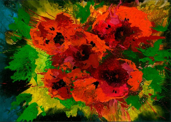 Abstrakcyjny Obraz Czerwonych Kwiatów Wykorzystujący Techniki Wylewania Farby — Zdjęcie stockowe