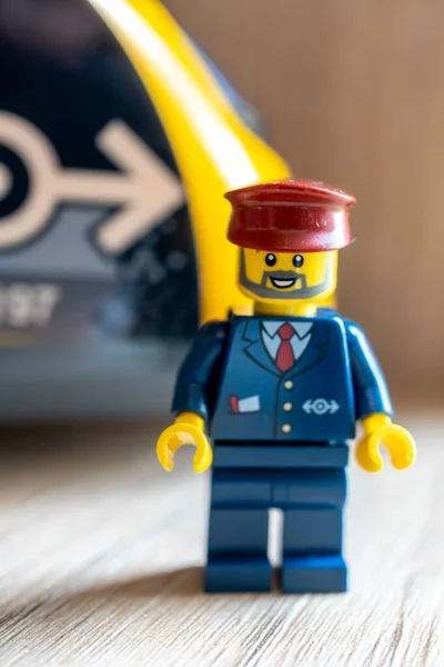 Lego Brand Train Conductor Toy Figurine Beard Hat — Stock Photo, Image