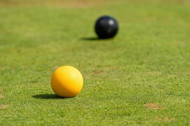 Çimlerin üzerinde iki sarı ve siyah kriket topunun yakın plan çekimi.