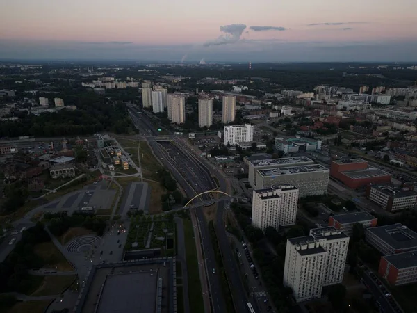 Spectacle Drones Centre Ville Katowice Coucher Soleil Pologne — Photo