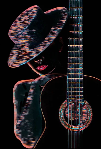 A black and white oil painting of a woman with red hat and guitar on black background
