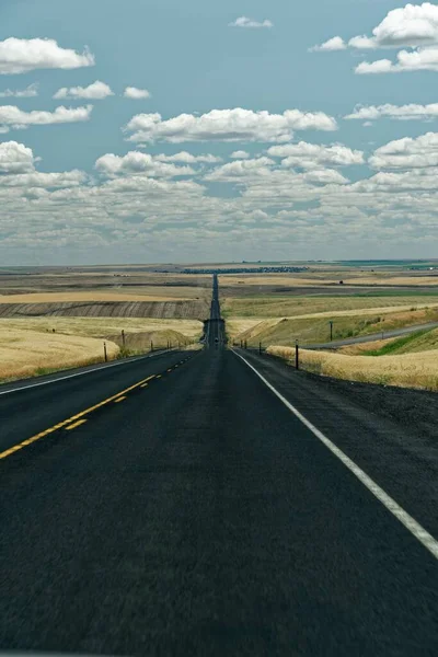 Vertical Shot Long Asphalt Road Yellow Fields Blue Cloudy Sky — Stock Photo, Image