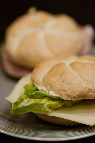 Ein Selektiver Fokus Schuss Käsebrötchen Sandwich Einem Teller — Stockfoto