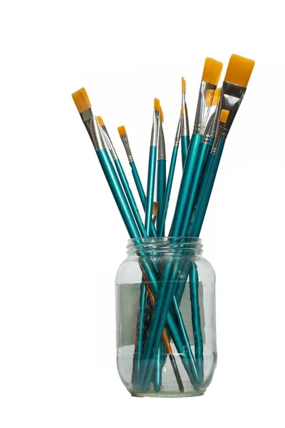 Blue Brushes Glass Jar Isolated White Background — Stock Fotó