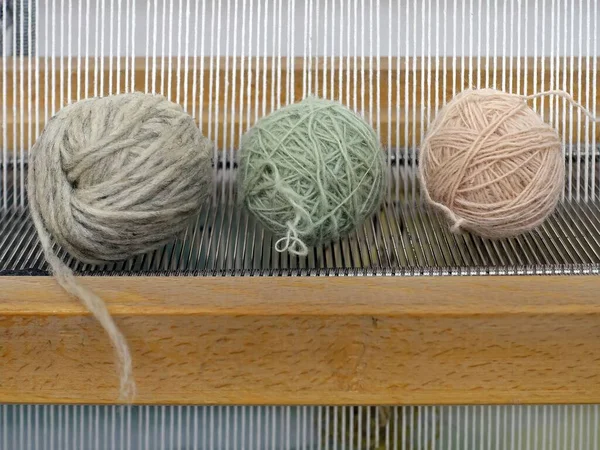 Three Various Colors Wool Balls Loom Handy Craft — Stock Photo, Image