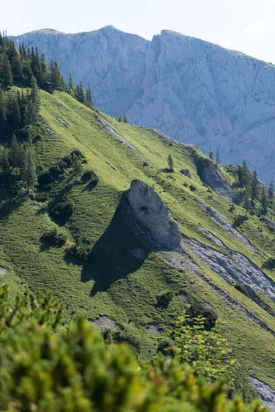 Plan Vertical Une Chaîne Montagnes Rocheuses Couvertes Verdure Sous Ciel — Photo