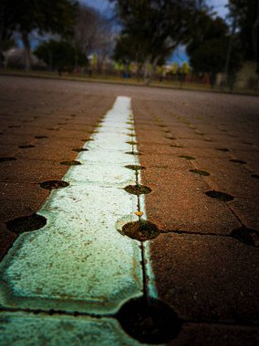 Taş zemindeki beyaz bir çizginin dikey görüntüsü.