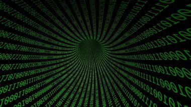 Yeşil ikili kodlardan oluşan bir tünelin çizimi siyah bir arkaplanda yukarı doğru eğilmiş.