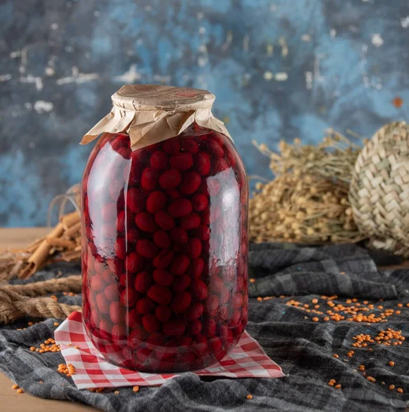 Jar Beans Stripe Red White Napkins Table — Stock Photo, Image