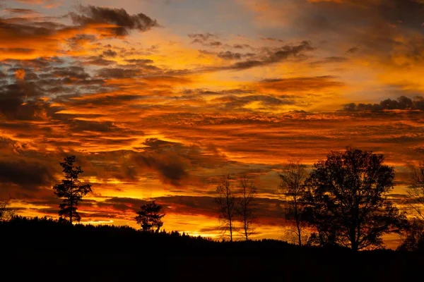 Gün batımında bulutlu bir gökyüzünün altında ormanlarla kaplı dağların manzarası.
