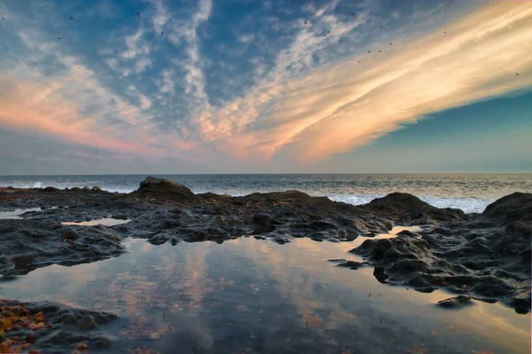 Scenic View Beach Low Tide Rippled Sand Sunset — Stock Photo, Image