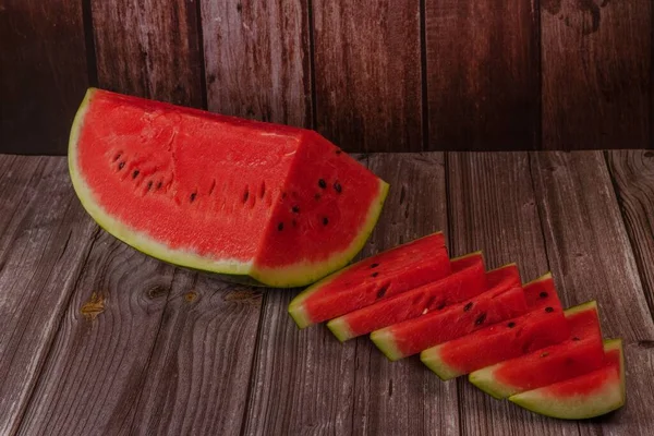 Close Fresh Watermelon Slices Wooden Table — Stock Photo, Image