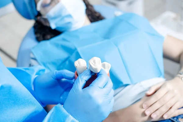 Closeup Shot Dentist Showing Dental Implant Model Young Female Patient — Stock Photo, Image