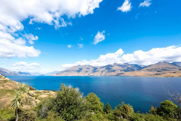 Wanaka Gölü 'nün büyüleyici manzarası Güney Adası, Yeni Zelanda' da bulutlu gökyüzü altındaki tepeler ve bitkilerle çevrilidir.