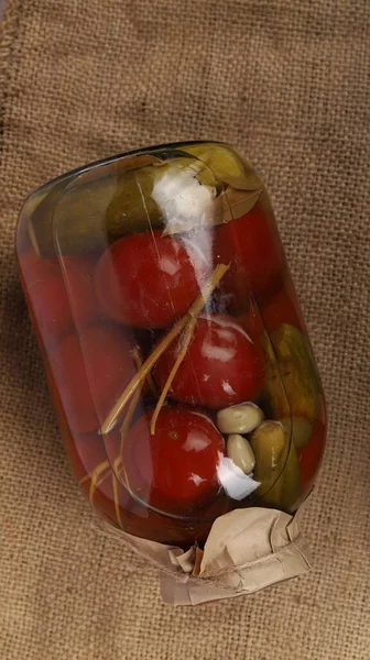 Vertical View Marinated Homemade Canned Tomato Mason Jar — Stock Photo, Image