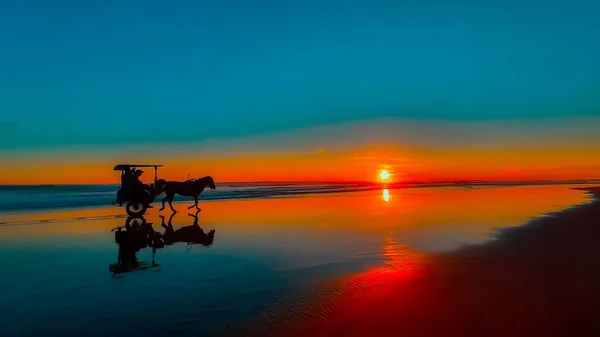 Uma Carruagem Puxada Cavalo Silhueta Pôr Sol Praia Areia Molhada — Fotografia de Stock