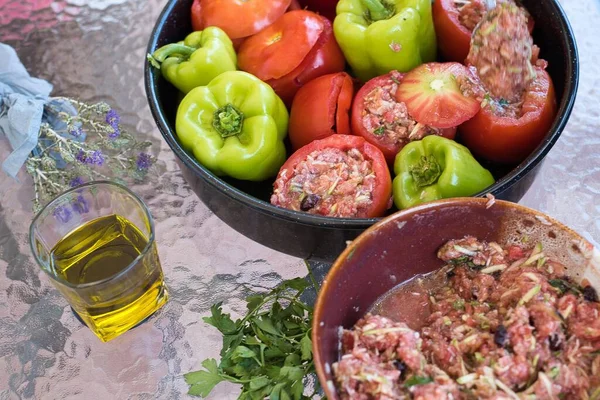 Greek Traditional Food Gemista Already Cooked Oven Stuffed Peppers Tomatoes — Stock Photo, Image