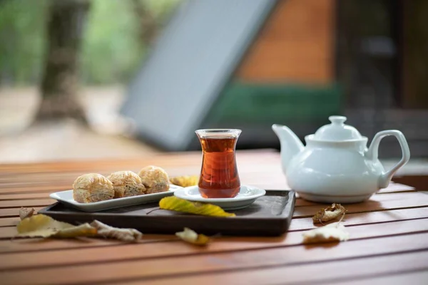 View Turkish Tee Served Sweets Side Wooden Table — Stock Photo, Image